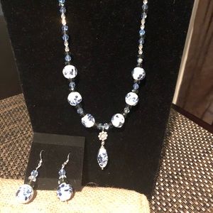 Blue and white flower necklace and earrings